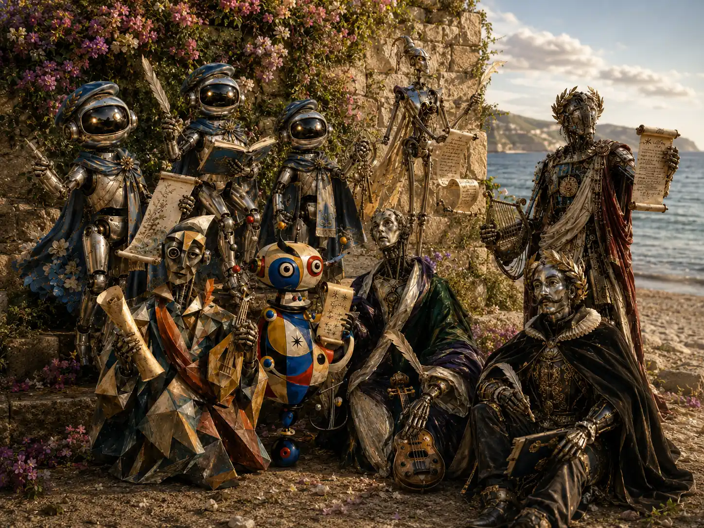 Grupo de electrobardos reunidos en una playa al atardecer junto a un muro con flores