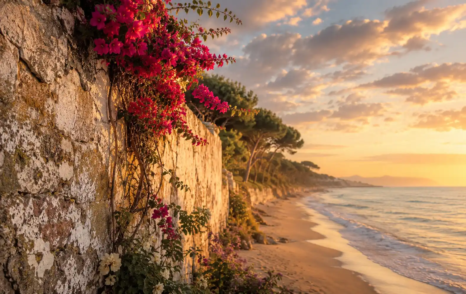 Muro antiguo con flores junto a una playa y el mar al atardecer