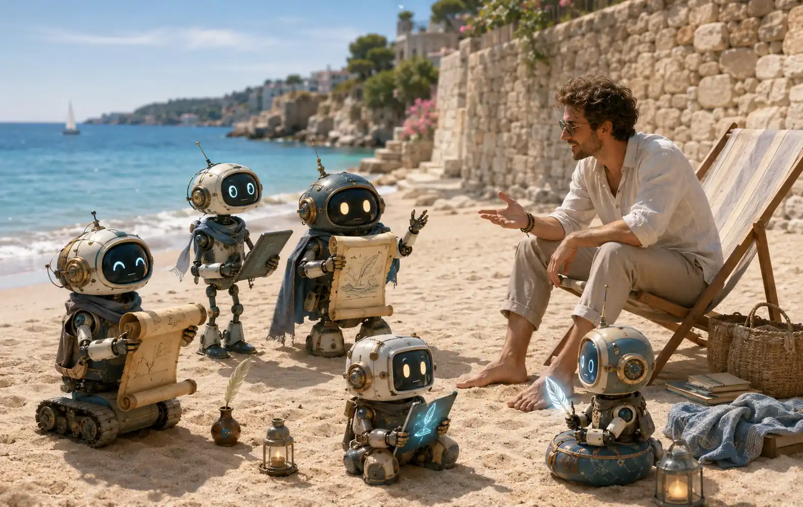 Varios robots electrobardos conversan en una playa con un humano sentado junto al muro del certamen